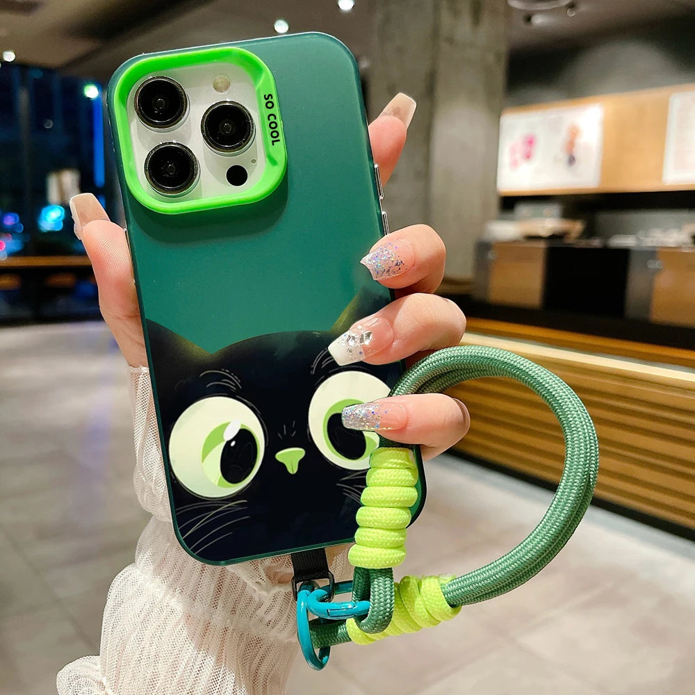 Cute Cartoon Black Cat Electroplate Lanyard Strap Phone Case For iPhone