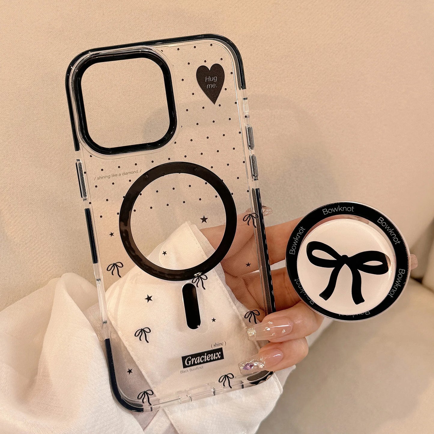 Korean Black Polka Dots Bowknot Magnetic Bracket Phone Case For iPhone