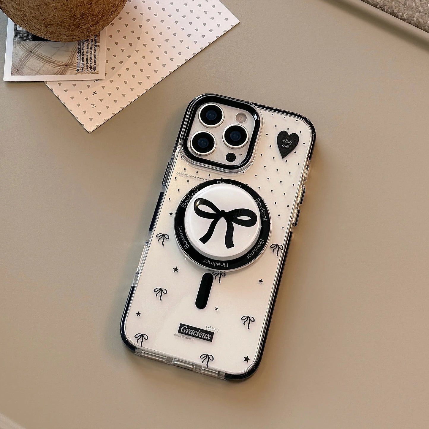 Korean Black Polka Dots Bowknot Magnetic Bracket Phone Case For iPhone