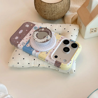 Korean Splicing Cartoon Puppy Love Heart Mirror Magnetic Bracket Phone Case For iPhone