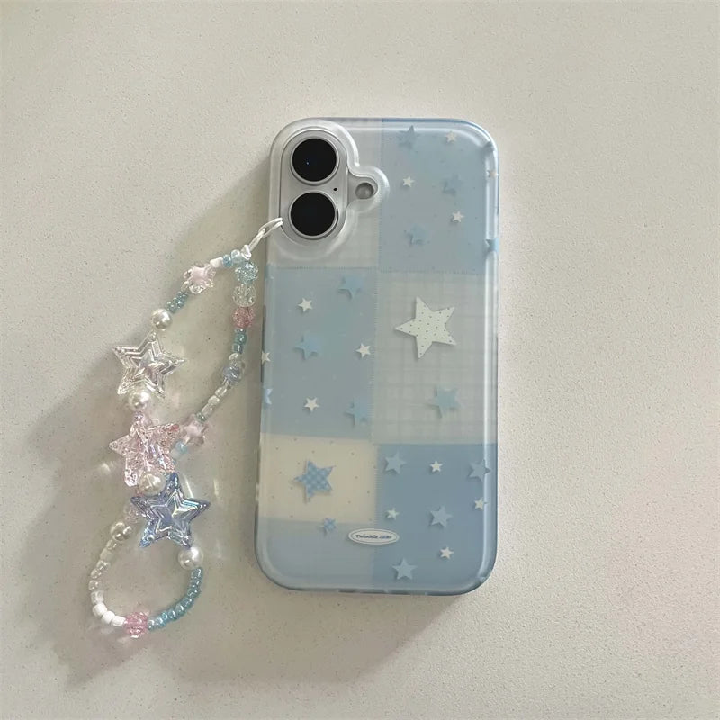 Cartoon Cute Blue Plaid Star Phone Case For iPhone