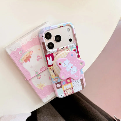 Korean Colorful Splicing Cartoon Bunny Stars Magnetic Bracket Phone Case For iPhone