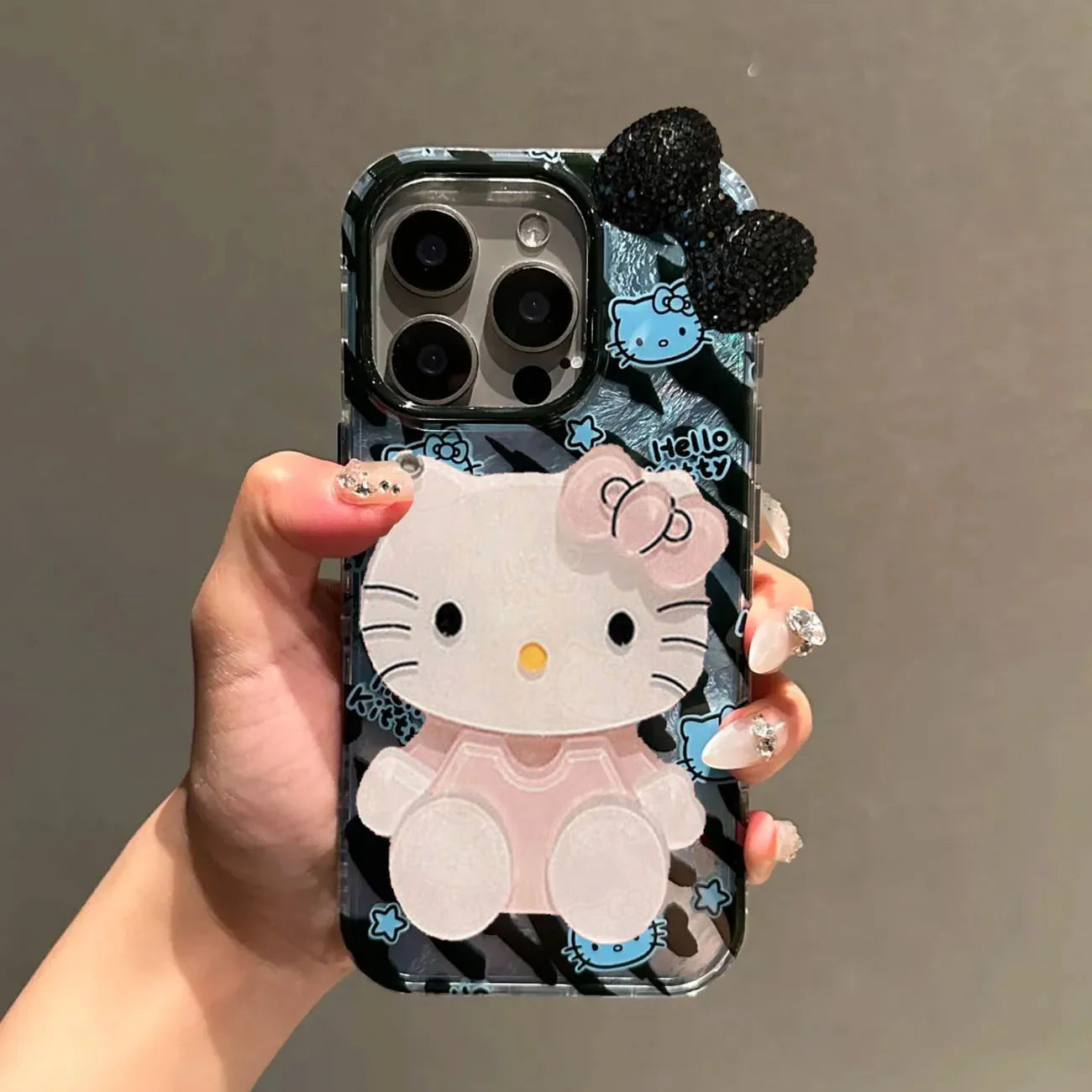 Blue Hello Kitty Zebra Pattern Mirror Bow Strap Phone Case For iPhone