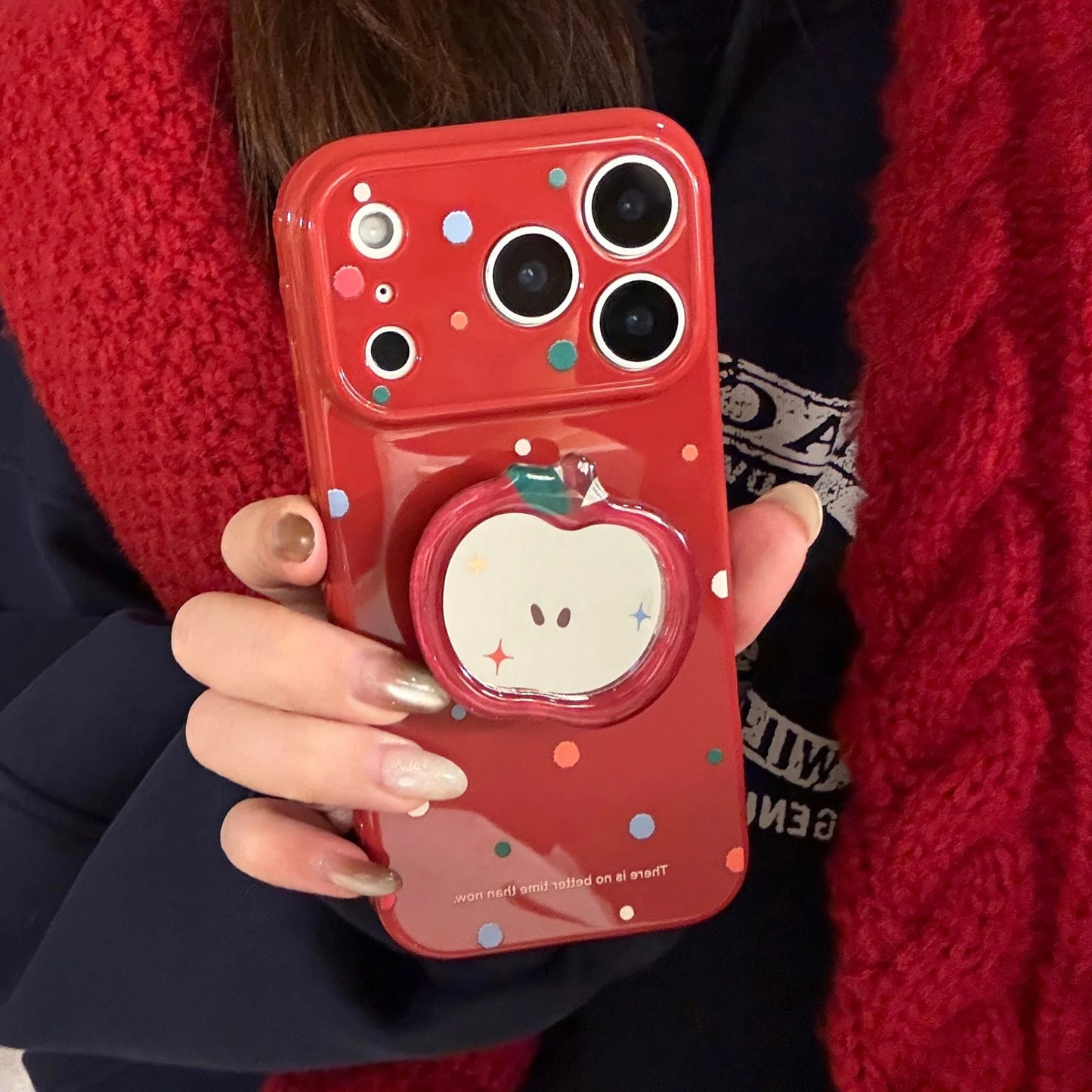 Korean Colorful Polka Dot Cartoon Red Apple Mirror Bracket Phone Case For iPhone
