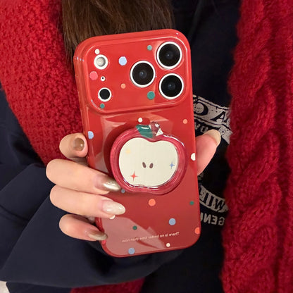 Korean Colorful Polka Dot Cartoon Red Apple Mirror Bracket Phone Case For iPhone