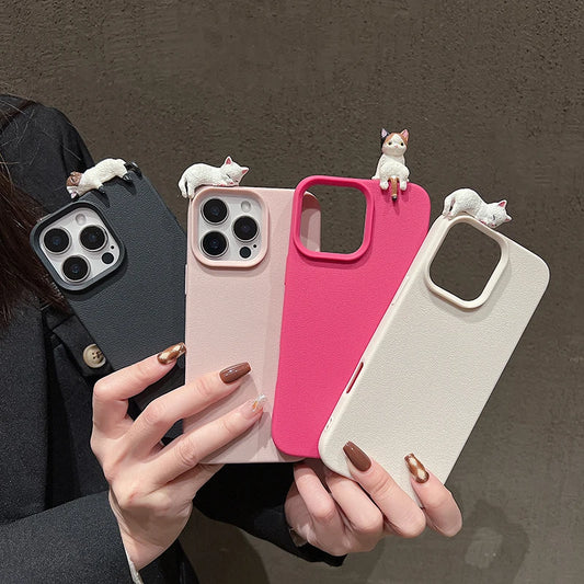 Cute 3D Cartoon Lying Cat Lychee Pattern Leather Phone Case For iPhone