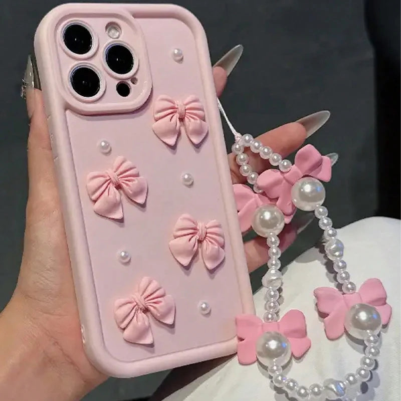 Korean 3D Bowknot Pearl Silicone Phone Case For iPhone