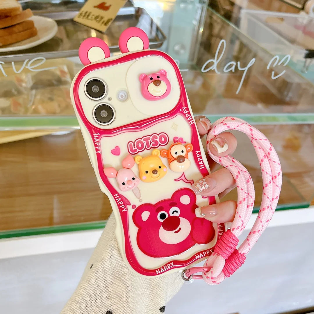 Cute Cartoon Winnie the Pooh Lotso Strap Chain Phone Case For iPhone