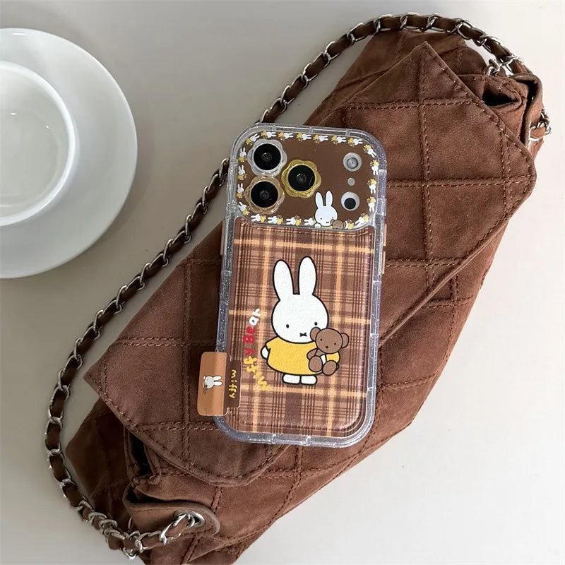 Brown Plaid Miffy Phone Case With Card Holder Bunny Bear Pattern Cute Cover For iPhone