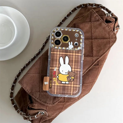Brown Plaid Miffy Phone Case With Card Holder Bunny Bear Pattern Cute Cover For iPhone