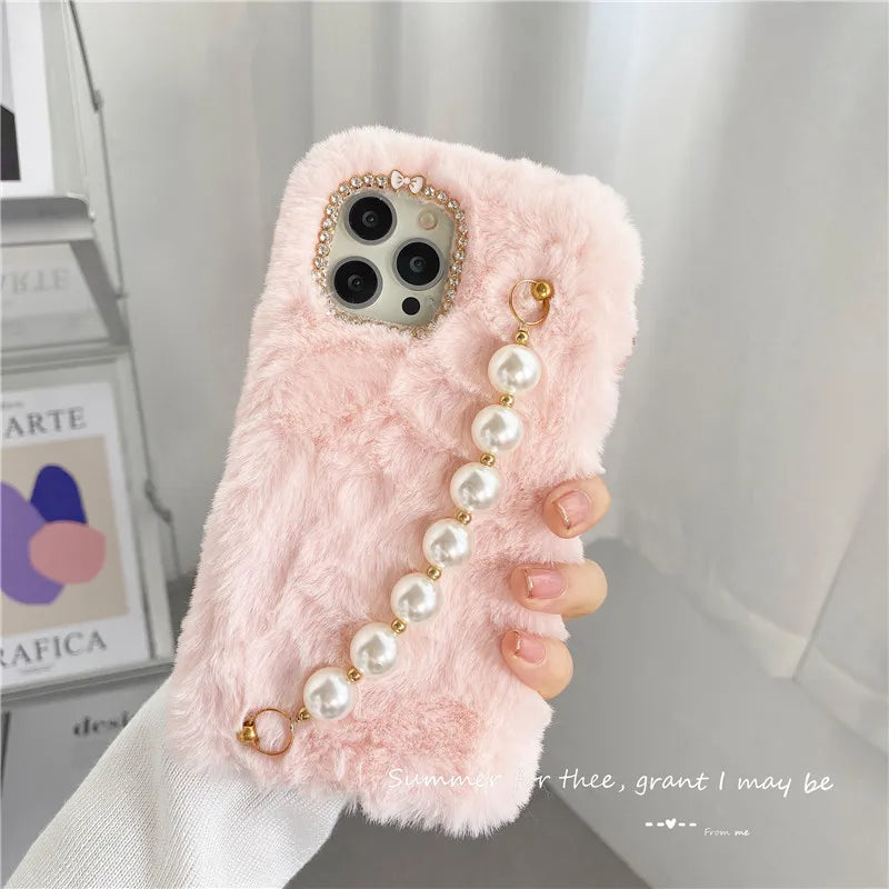 Autumn Winter Hairy Pearl Wrist Strap Phone Case For iPhone