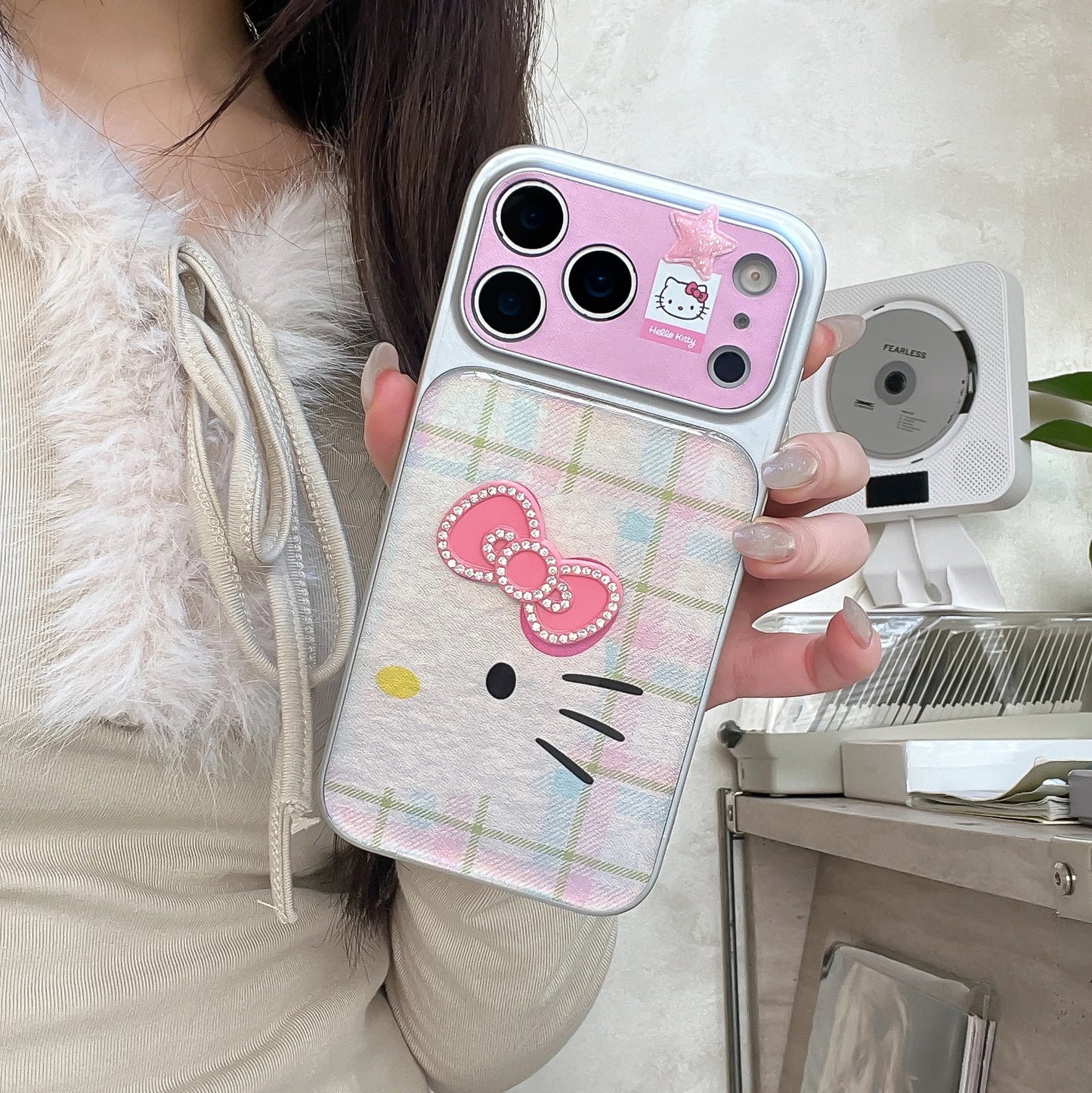 Luxury Cute Drip Glue Color Changing Grid Pattern Kitty Phone Case For iPhone