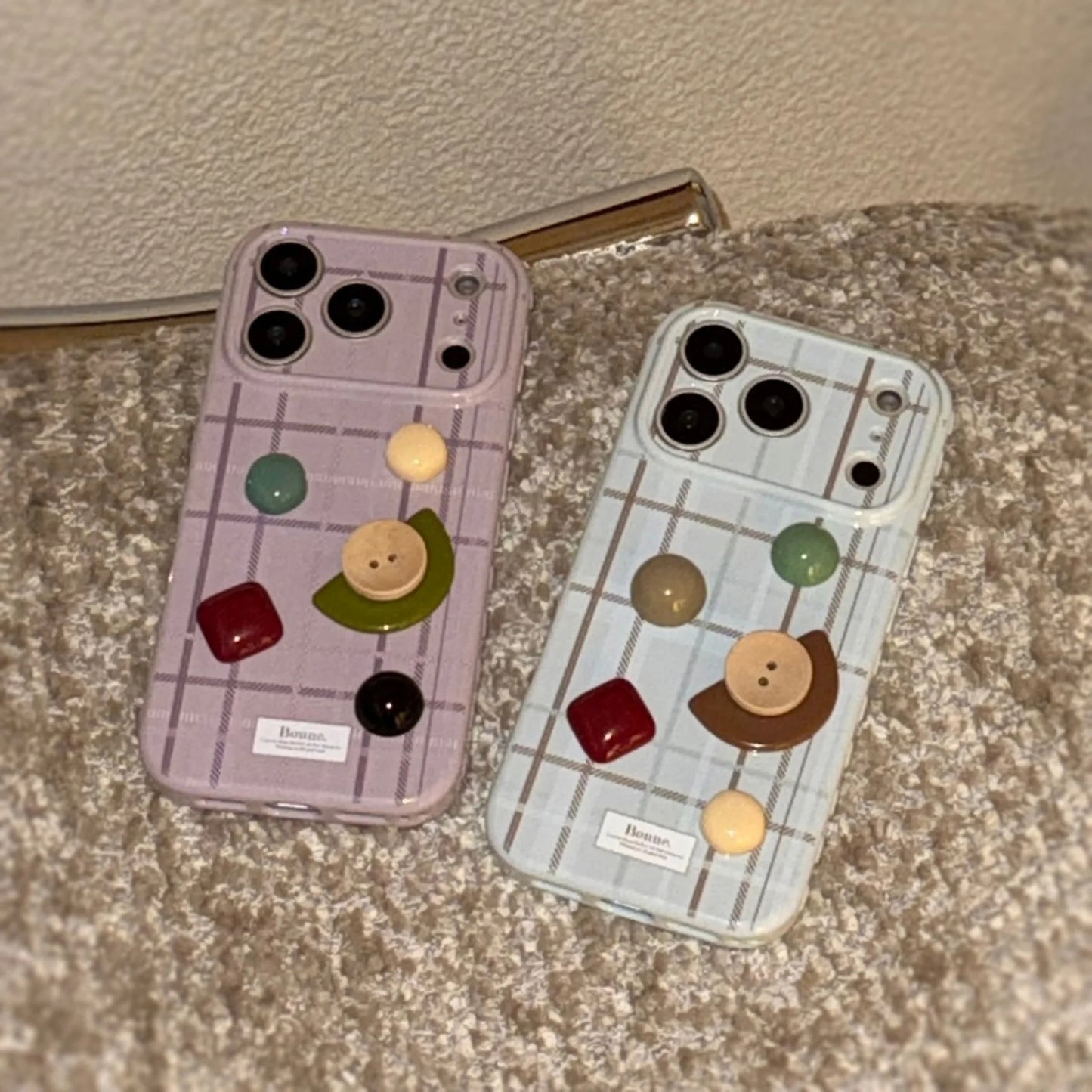 Korean Grid Pattern 3D Geometry Gemstone Button Decoration Phone Case For iPhone