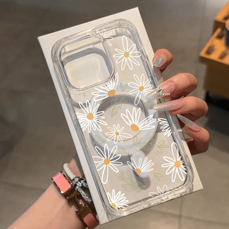 Honeybee Flower Pattern Magnetic Clear Phone Case For iPhone