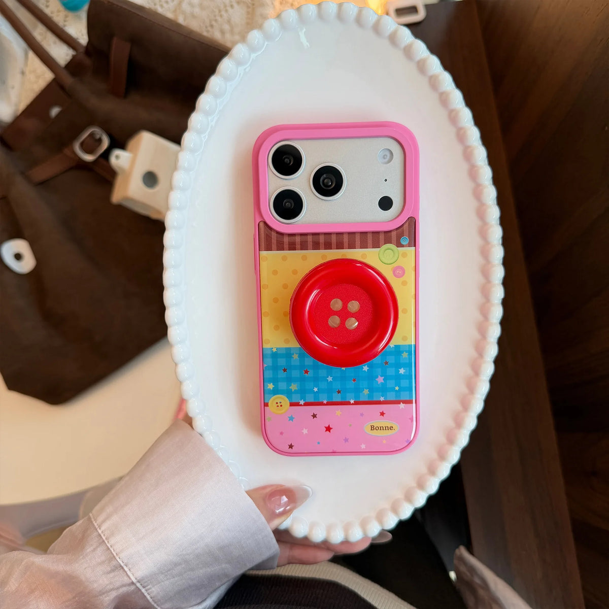 Korean Splicing Polka Dots Colorful Stars 3D Cartoon Button Holder Phone Case For iPhone