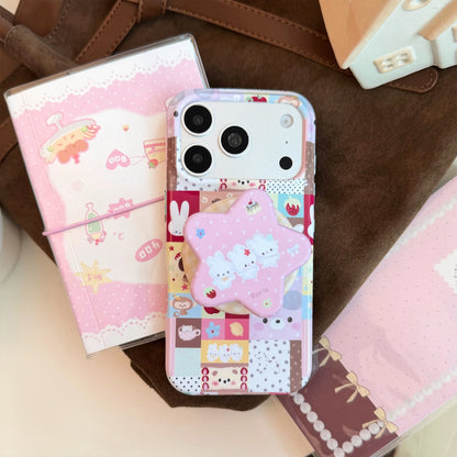 Korean Colorful Splicing Cartoon Bunny Stars Magnetic Bracket Phone Case For iPhone