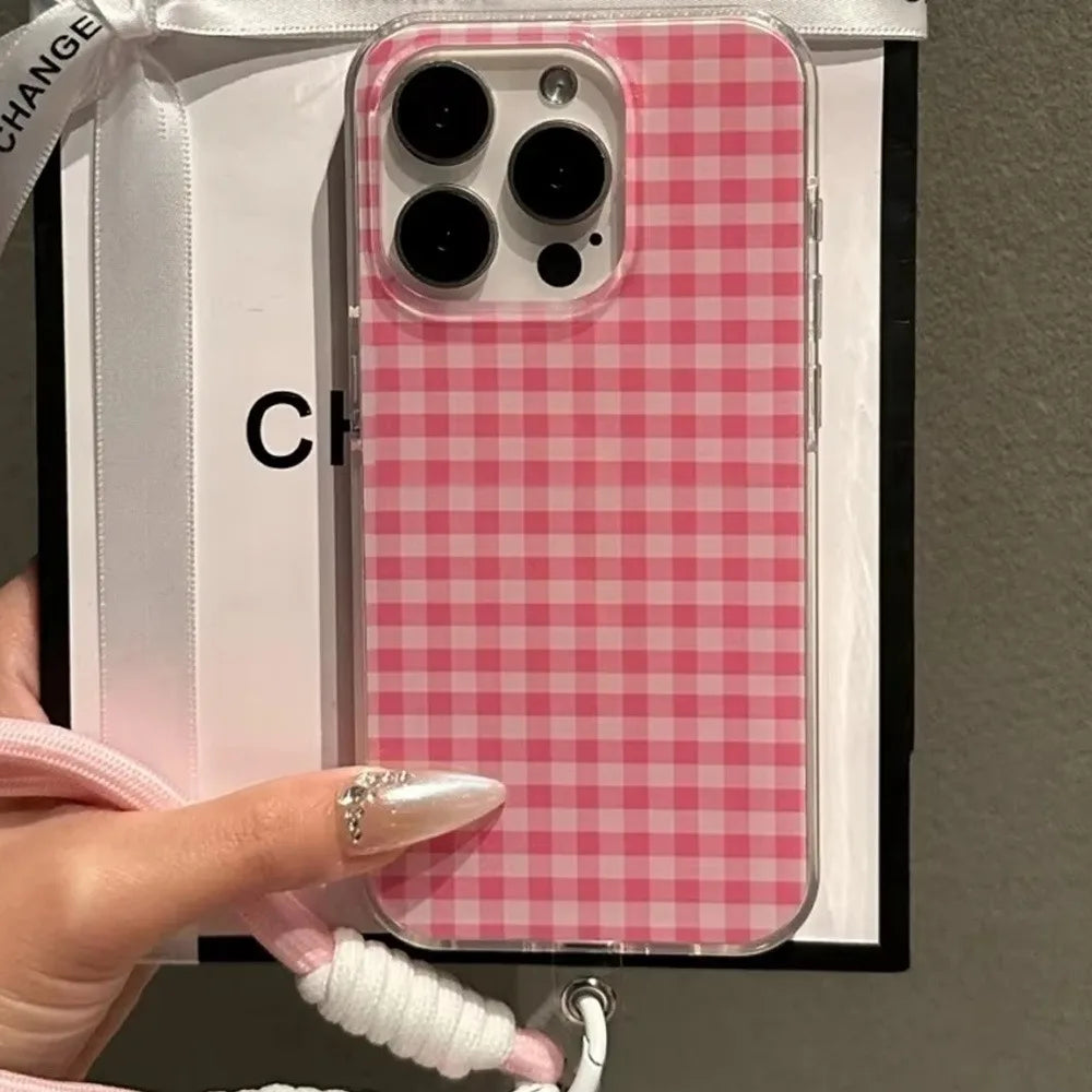 Pink Check Pattern With A Lanyard Phone Case For iPhone