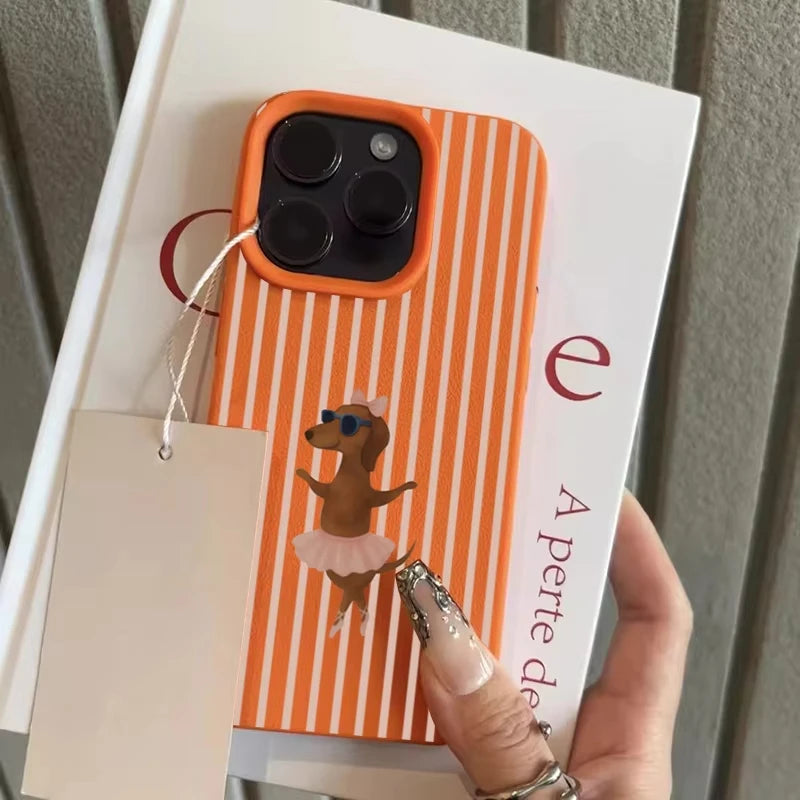 Striped Ballet Sausage Dog Pattern Lychee Texture Phone Case For iPhone