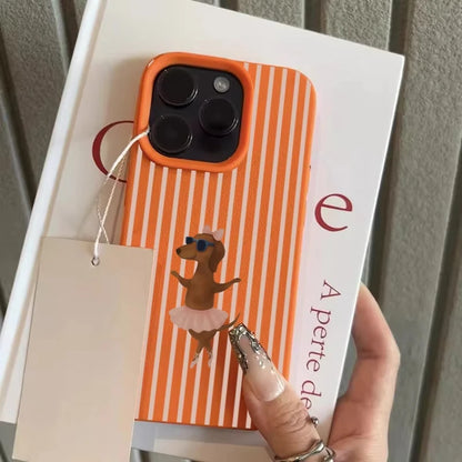 Striped Ballet Sausage Dog Pattern Lychee Texture Phone Case For iPhone