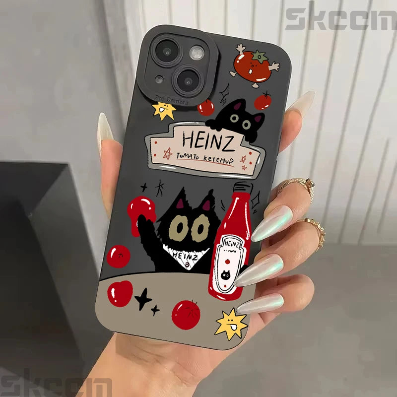 Tomato Sauce Black Cat Pattern Phone Case For iPhone