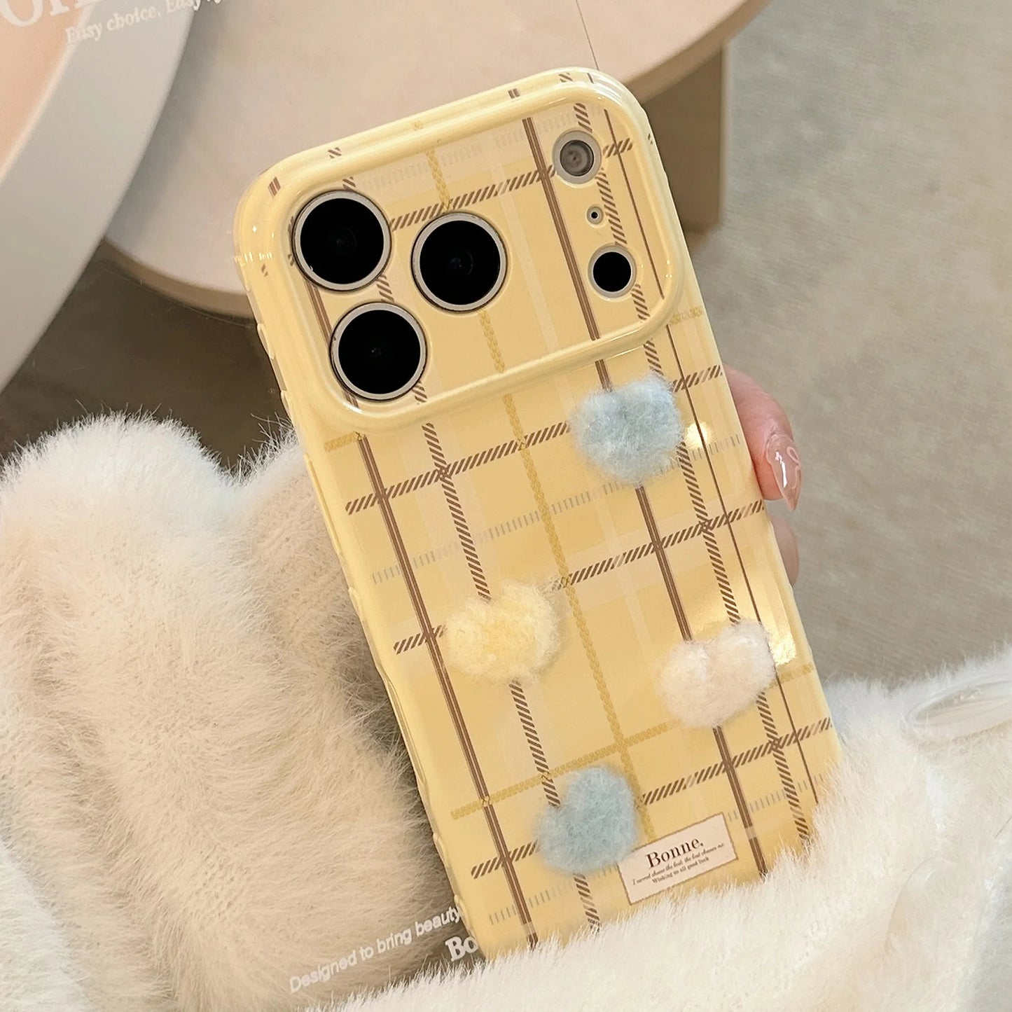 Korean Grid Pattern 3D Furry Plush Love Heart Phone Case For iPhone