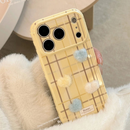 Korean Grid Pattern 3D Furry Plush Love Heart Phone Case For iPhone