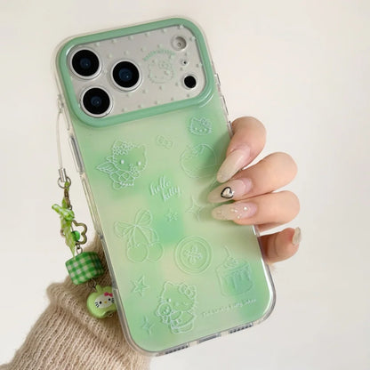 Korean Cute IMD Double Layer Green Line Kitty Phone Case For iPhone