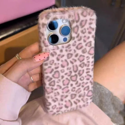 Winter Luxury Leopard fluffy Hand Warmer Plush Case For iPhone