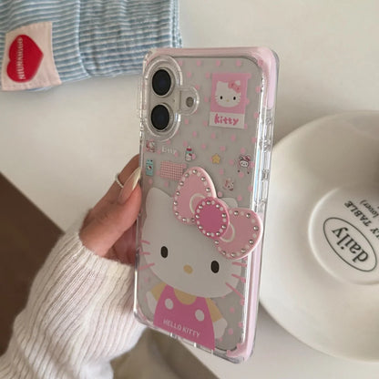 Square Pink Border Hello Kitty Three Dimensional Bow Phone Case For iPhone