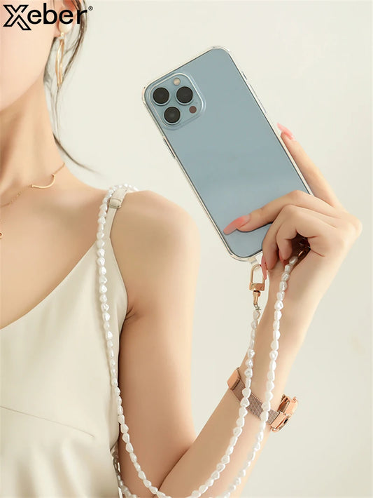 Luxury Crossbody With Lanyard Jewelry Pearl Chain Clear Holder Phone Case For iPhone