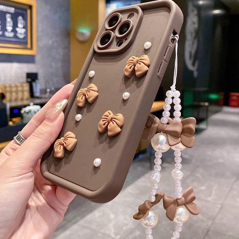 Korean 3D Bowknot Pearl Silicone Phone Case For iPhone