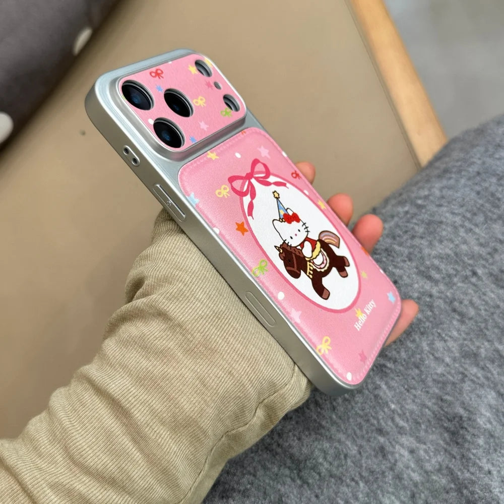 Korean Pink Riding Kitty Large Window Leather Phone Case For iPhone