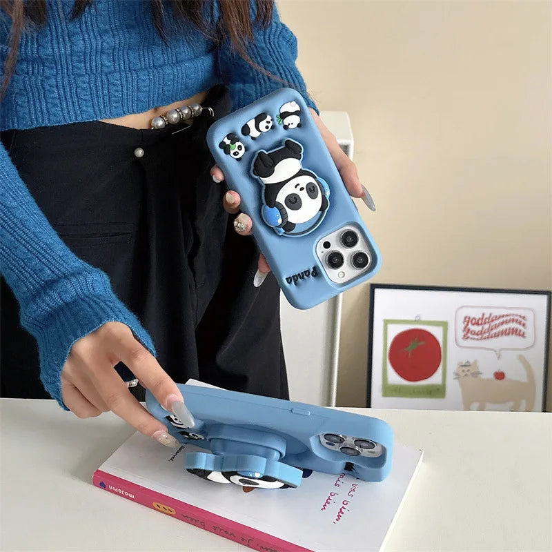Cartoon Headset Panda Soft Silicone Telescopic Bracket Phone Case For iPhone