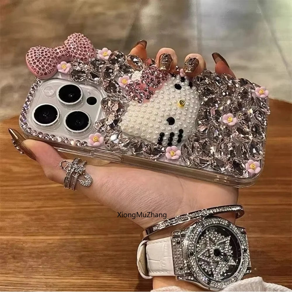 Hello Kitty Cute Cat Bow Flower Bling Glitter Diamond Custom Phone Case