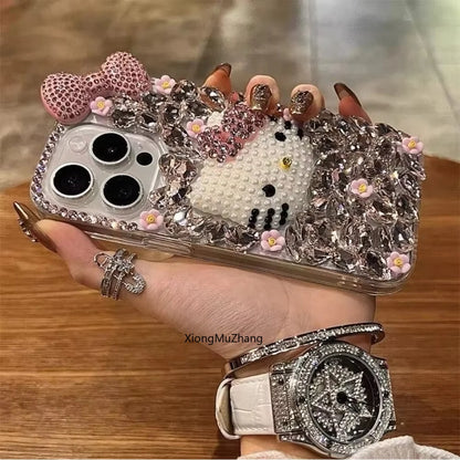 Hello Kitty Cute Cat Bow Flower Bling Glitter Diamond Custom Phone Case