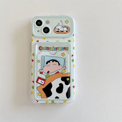 Cartoon Sleep Crayon Shin-chan Card Wallet Pocket Phone Case For iPhone