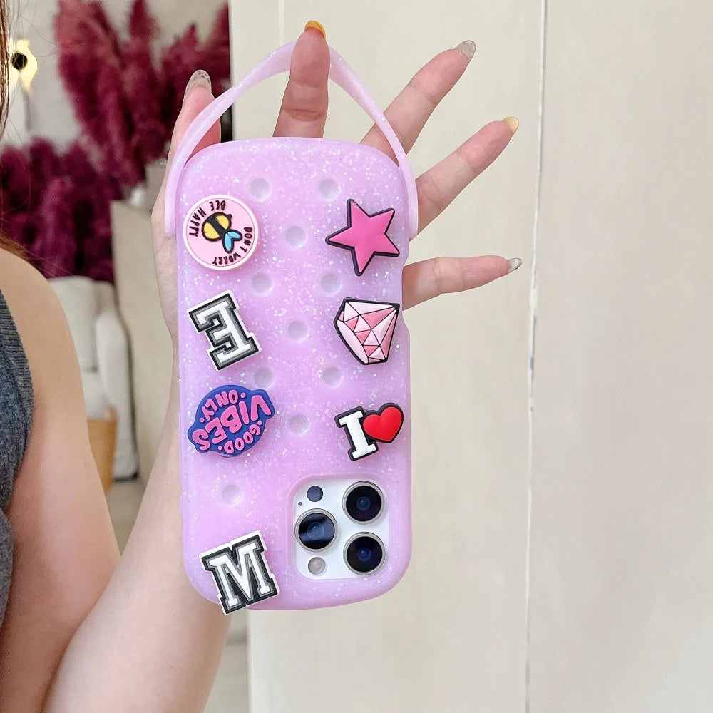 Cute DIY Hole Phone Case With Wrist Strap Detachable Cartoon Soft Silicone Phone