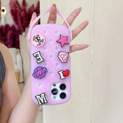 Cute DIY Hole Phone Case With Wrist Strap Detachable Cartoon Soft Silicone Phone