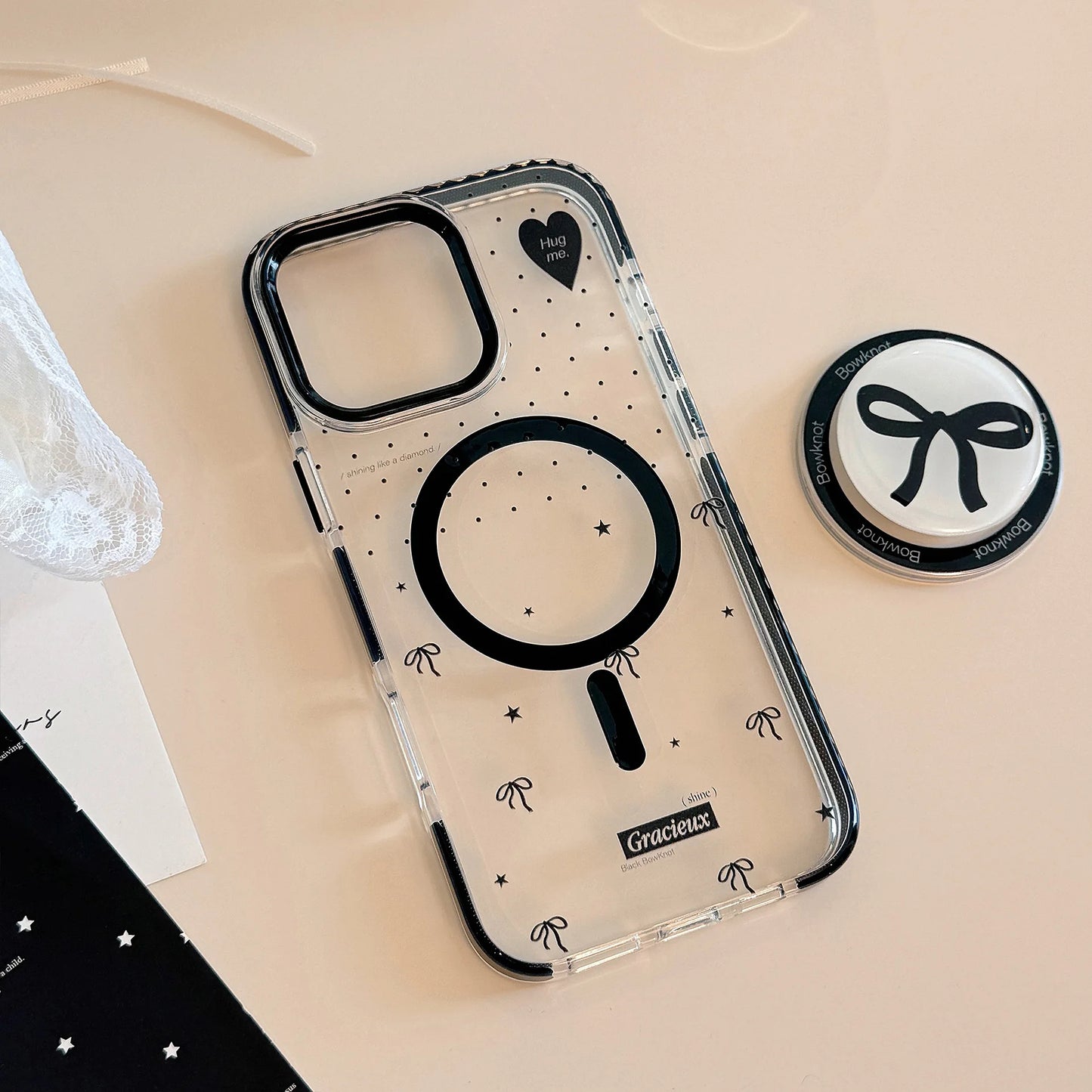 Korean Black Polka Dots Bowknot Magnetic Bracket Phone Case For iPhone