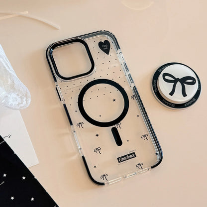 Korean Black Polka Dots Bowknot Magnetic Bracket Phone Case For iPhone
