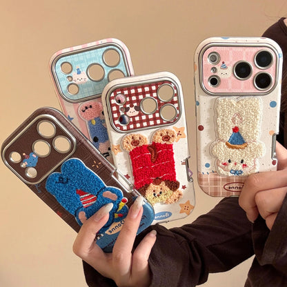 Korean Cartoon Embroidery Plush Animals Leather Texture Phone Case For iPhone