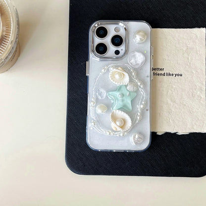 Sweet Summer Vibe Transparent 3D Pearl Shell & Starfish Decor Lovely Phone Case