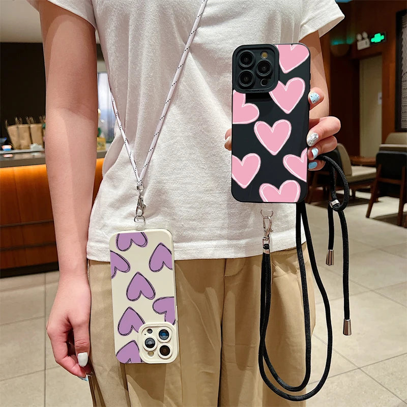 Full Screen Love Heart Lanyard Strap Phone Case For iPhone