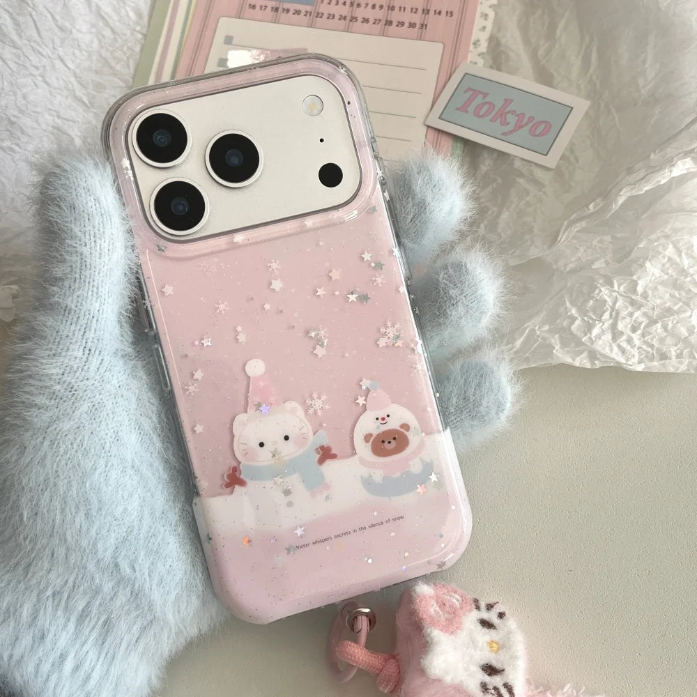 Korean INS Glitter Snowman Kitty Cat Phone Case For iPhone