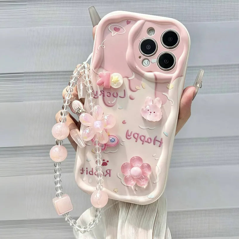 Sweet Style Pink 3D Bunny Flowers Wavy-Edge Phone Case For iPhone