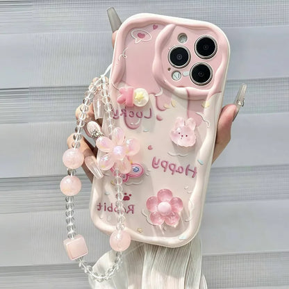 Sweet Style Pink 3D Bunny Flowers Wavy-Edge Phone Case For iPhone