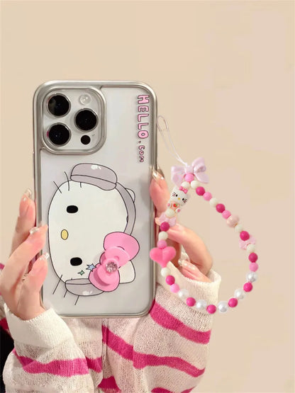 Hello Kitty Big Face Music Pink Bow Strap Phone Case For iPhone