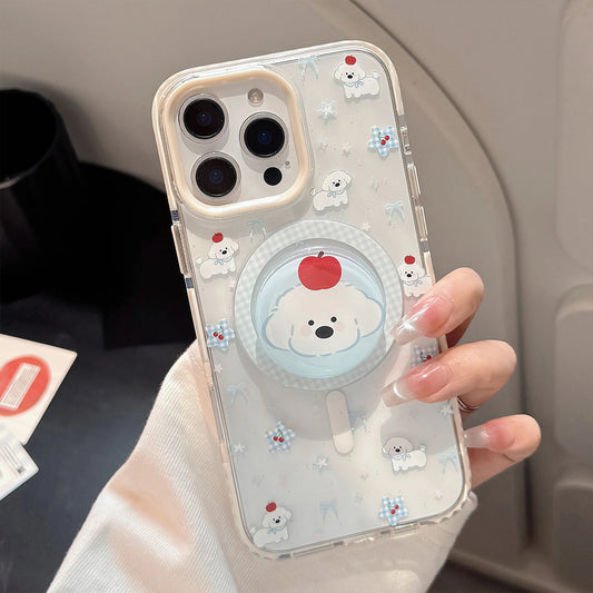Korean Cute Cartoon Lattice Puppy Bracket Magnetic Phone Case For iPhone