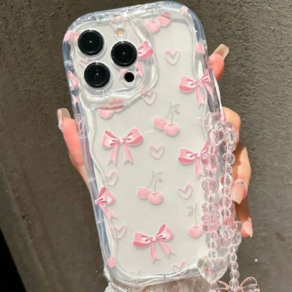 Pink Cherry Bowknot Transparent Wavy-Edge Phone Case For iPhone