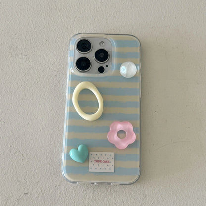 Adorable Blue Stripes 3D Pearl Heart & Flower Accessories Protective Phone Case